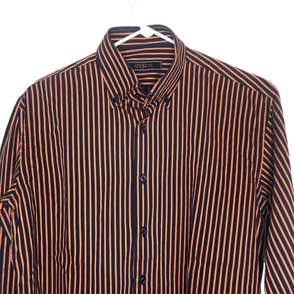 Men’s Orange/Navy Blue Italian Cotton Dress Shirt Long Sleeve - Picture 1 of 13